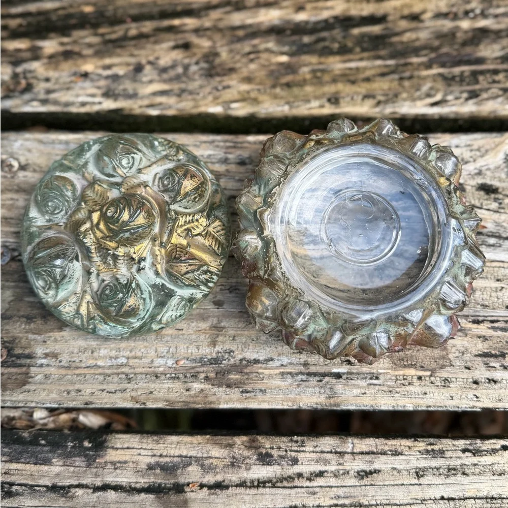 Antique Goofus Glass Vanity Powder Puff Jar Trinket Box Red & Gold Rose - Picture 7 of 9